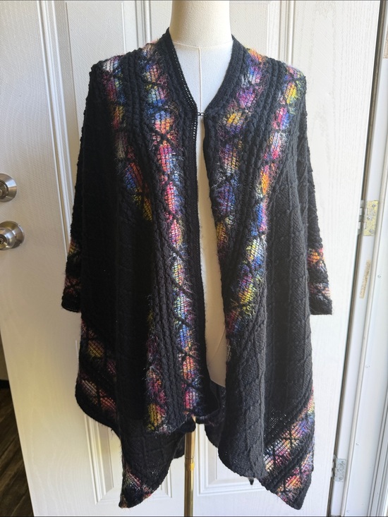 Le Moda Sweaters - Fairycore Whimsigoth Black Open-Front Women's Knit boho rainbow Poncho